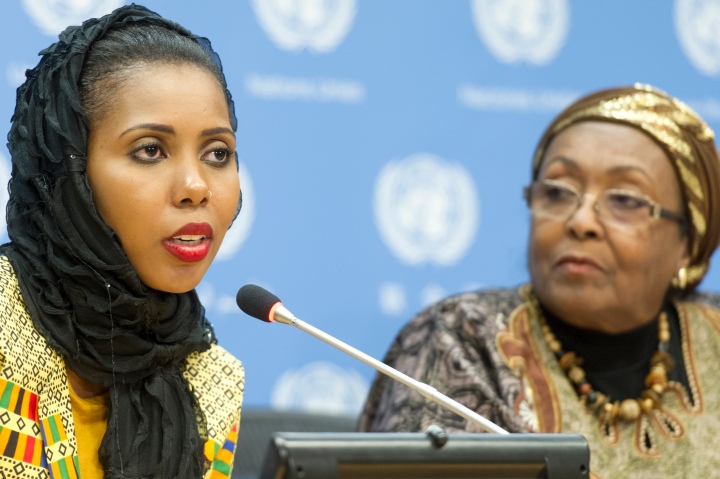 Jaha Dukureh (left), activist and survivor of Female Genital Mutilation (FGM), addresses a press conference on the subject of engaging health workers to end (FGM). At her side is Edna Adan Ismail, Nurse-Midwife, Director and Founder of the Edna Adan Maternity Hospital in Hargeisa, Somaliland. The press conference took place on the International Day of Zero Tolerance of Female Genital Mutilation (6 February).