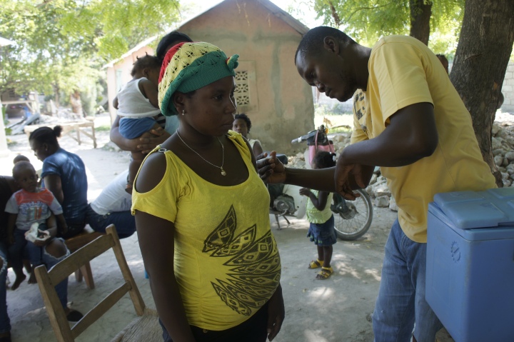 Expectant women receiving tetanus vaccine in Deschappelles, Haiti.